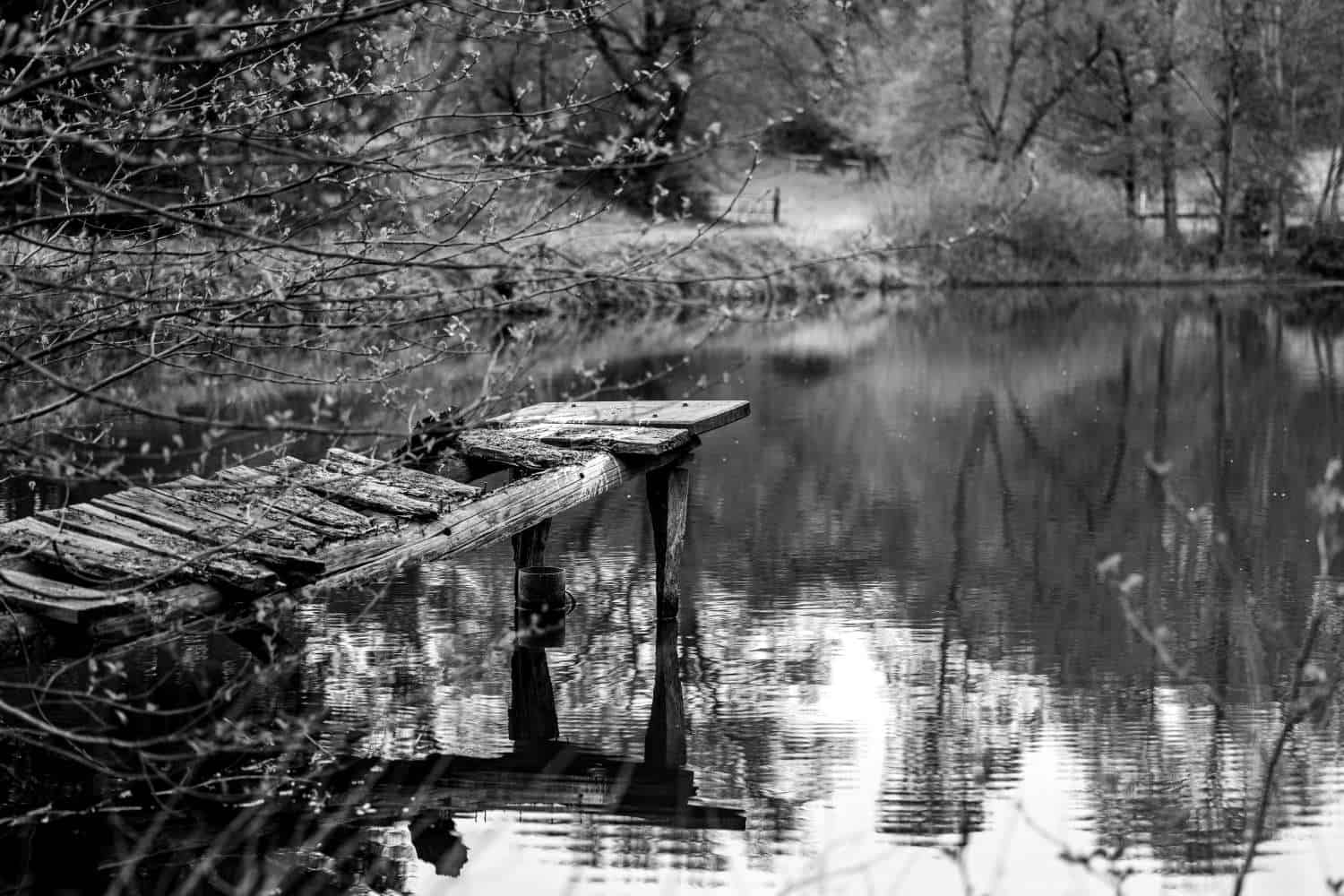 ein alter Holzsteg der in einen kleinen See ragt, schwarz-weiß Aufnahme