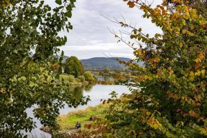 Blick über die Weser ins Weserbergland umrahmt von Ästen und Zweigen mit Herbstlaub
