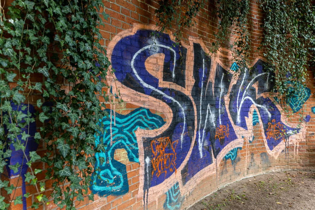 Grafitti an einer Backsteinwand mit Efeu