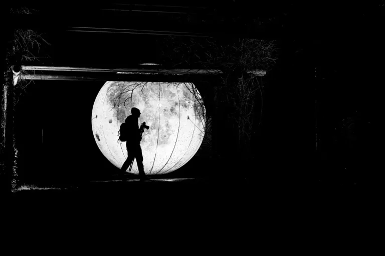 Silhouette einer Person, die vor einer großen kreisförmigen Lichtinstallation geht, die dem Mond ähnelt, in einer insgesamt dunklen Umgebung.