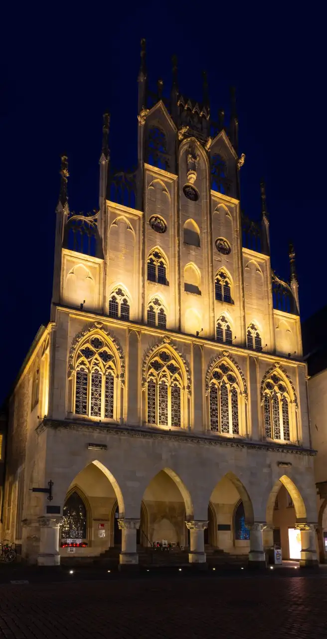 Beleuchtete Rathausfassade im gotischen Stil bei Nacht.
