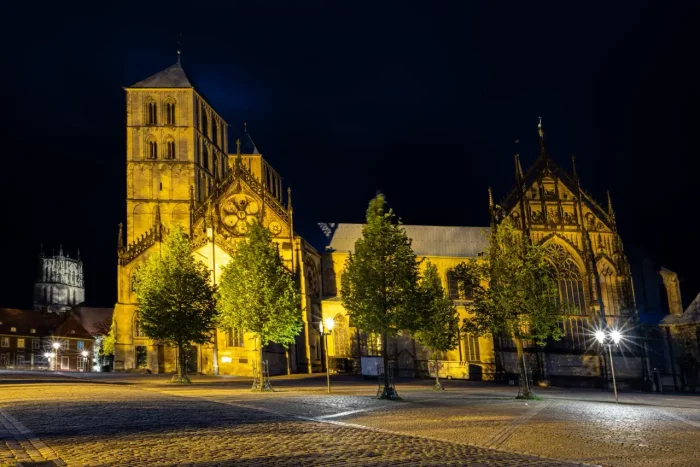 Beleuchtete gotische Kathedrale bei Nacht mit angrenzenden Gebäuden und einem Platz mit Kopfsteinpflaster und Bäumen.