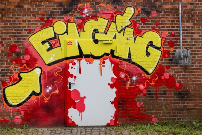 Graffiti-Kunst auf einer Backsteinmauer mit dem stilisierten Wort „Eingang“ in Gelb und Rot und einer in das Design integrierten weißen Tür. Rote Farbspritzer an den Rändern.