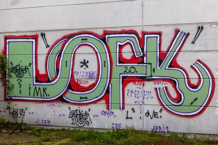Buntes Graffiti an einer Wand mit stilisierten Buchstaben und verschiedenen Tags.