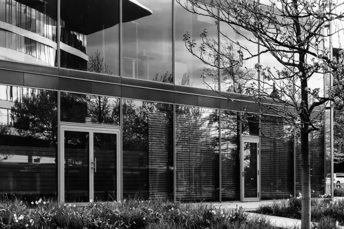 Schwarz-Weiß-Foto eines modernen Gebäudes mit großen reflektierenden Fenstern und einem blattlosen Baum im Vordergrund.