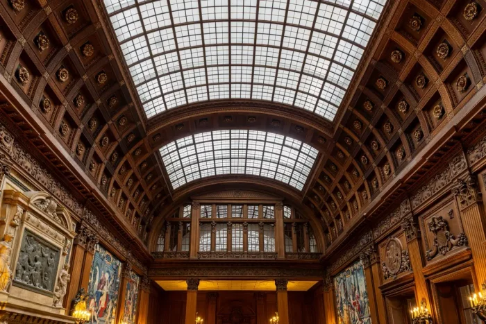 Verziertes Interieur eines großen Saals mit einer großen, gewölbten Glasdecke, komplizierten Holzarbeiten, Reliefskulpturen und Wandteppichen an den Wänden.