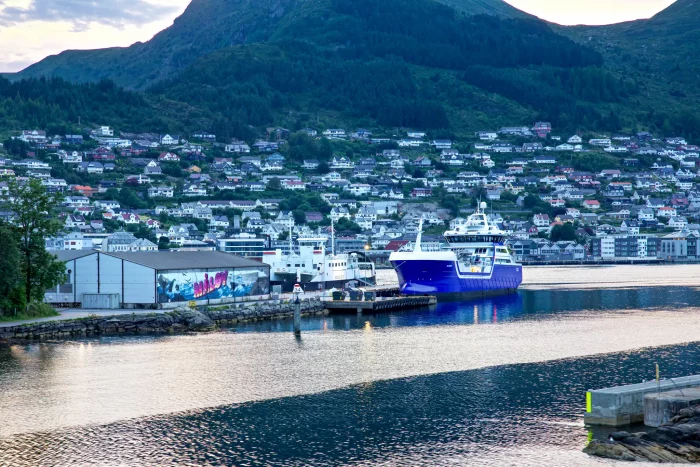 Fähren im Hafen vor einer Stadt mit vielen Häusern am Fuß eines bewaldeten Berges