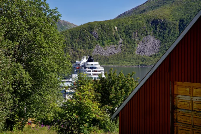 Hurtigruten-Kreuzfahrtschiff auf ruhigem Wasser vor bewaldeten Bergen, teilweise von Bäumen und einem roten Haus verdeckt
