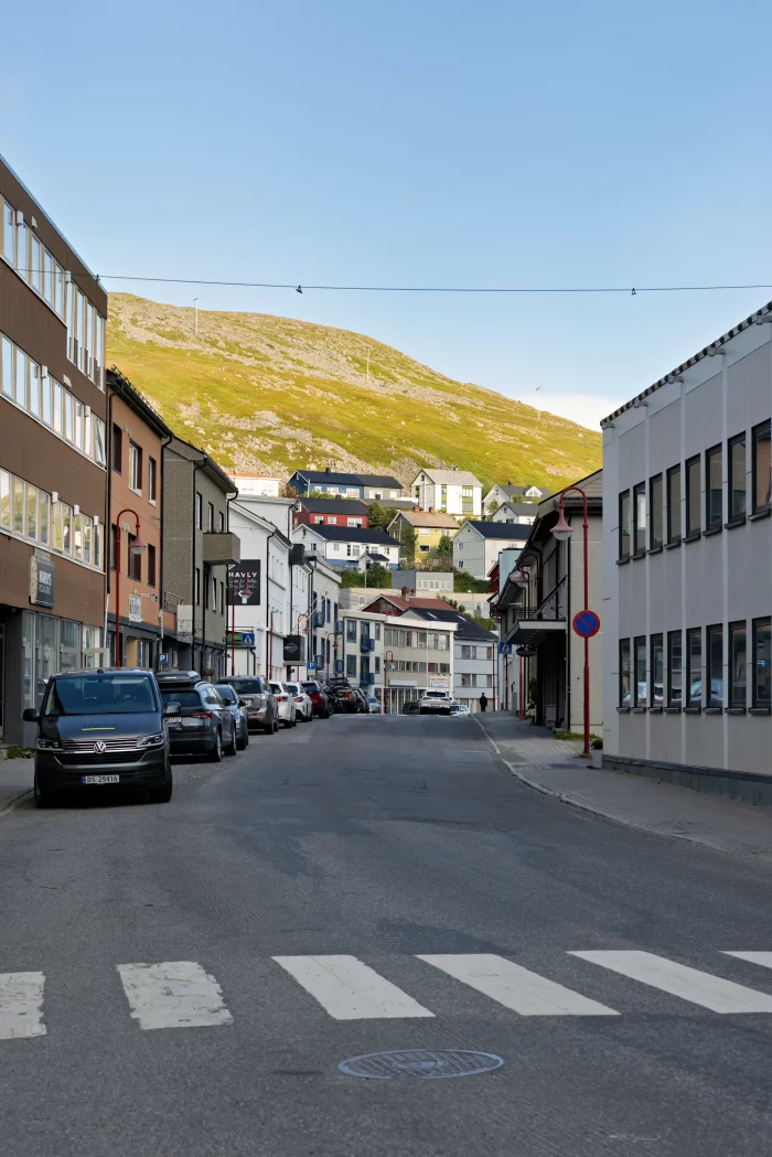 Straße mit geparkten Autos und mehrstöckigen Gebäuden, im Hintergrund ein bewachsener Hügel mit Häusern
