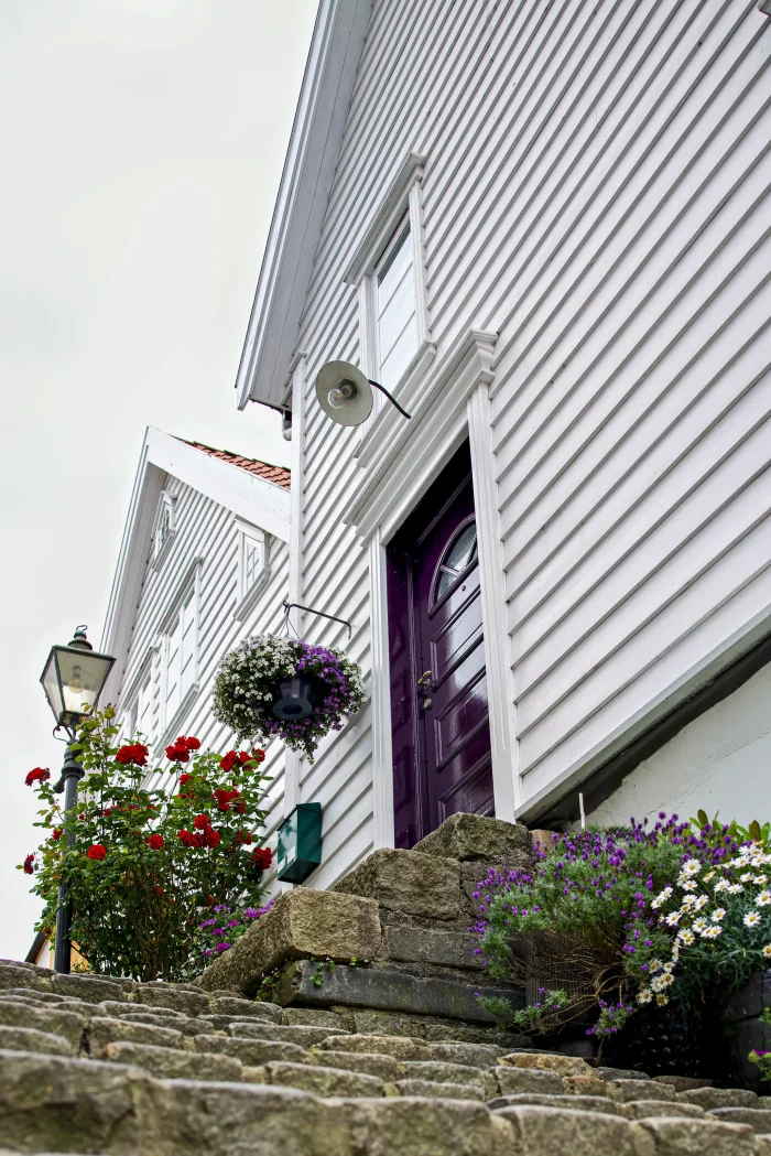 Steintreppe führt zu weißem Holzhaus mit lila Tür, umgeben von Blumen und Laterne