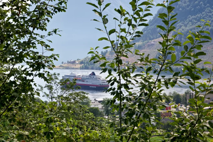 Hurtigruten-Kreuzfahrtschiff fährt in einem Fjord, umgeben von grünen Bäumen und Bergen