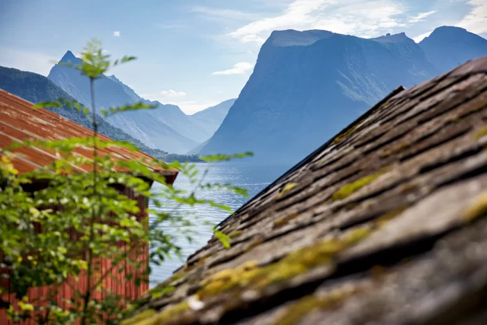 Blick auf Fjord mit Bergen im Hintergrund, davor ein rot gestrichenes Haus und ein Dach mit Moos