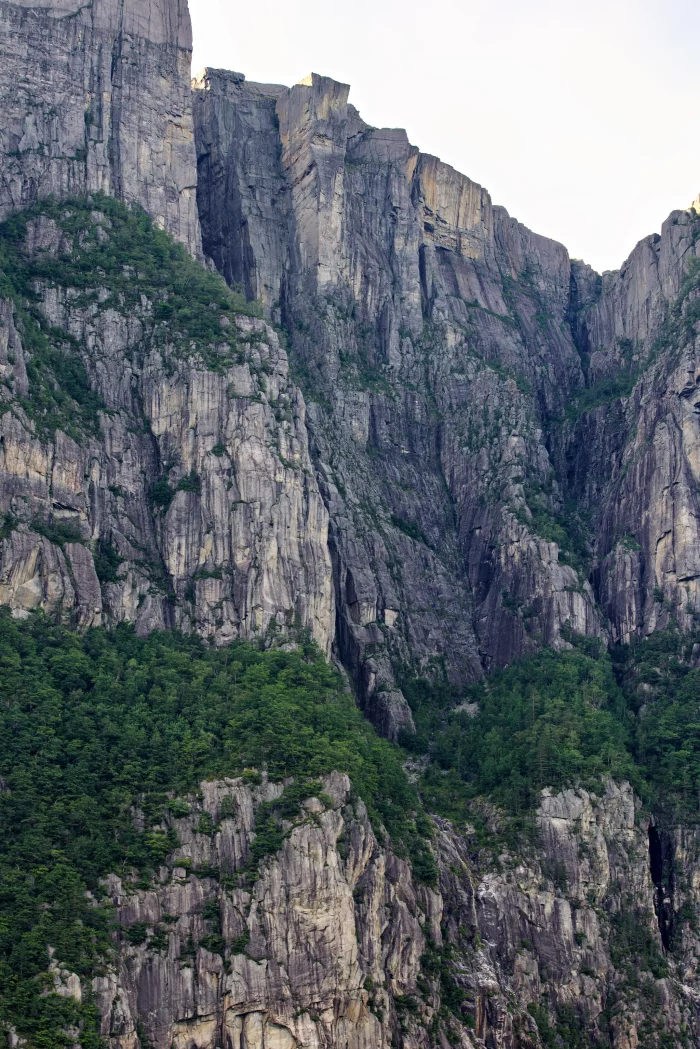 Steile Felsklippen mit grüner Vegetation an der Basis, typisch für norwegische Fjordlandschaft