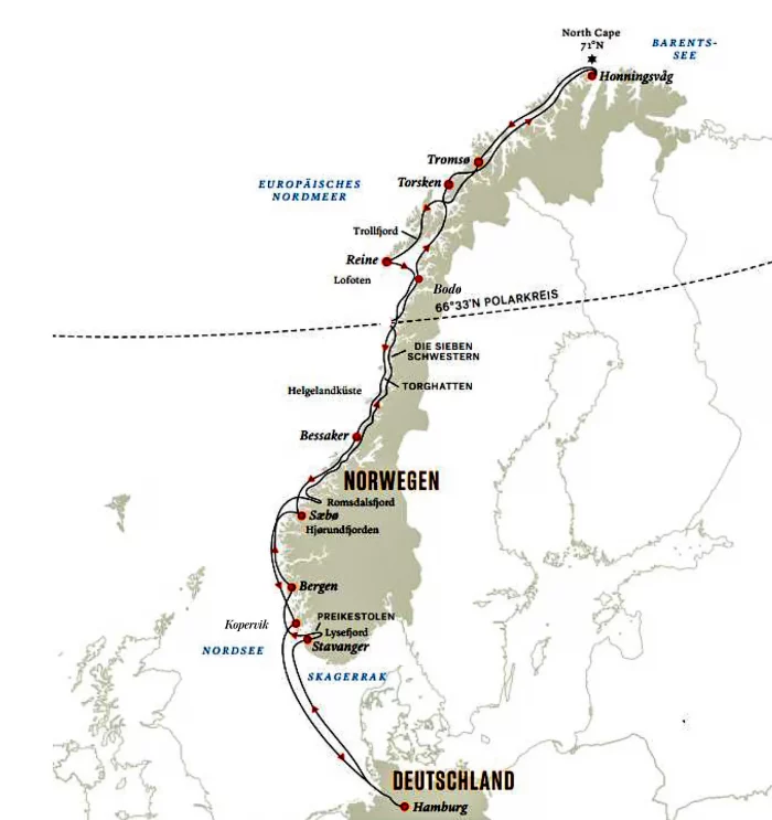 Karte der Segelroute von Hamburg, Deutschland, entlang der norwegischen Küste bis zum Nordkap, mit markierten Stationen wie Bergen, Tromsø und Honningsvåg.