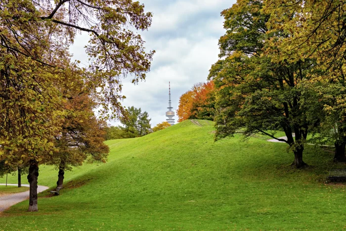 Grüne Hügel im Olympiapark München mit herbstlich gefärbten Bäumen und dem Olympiaturm im Hintergrund unter bewölktem Himmel.