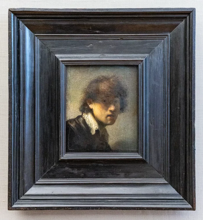 Porträt einer Person mit dunklem, lockigem Haar und weißem Kragen, in einem schwarzen, mehrstufigen Holzrahmen.