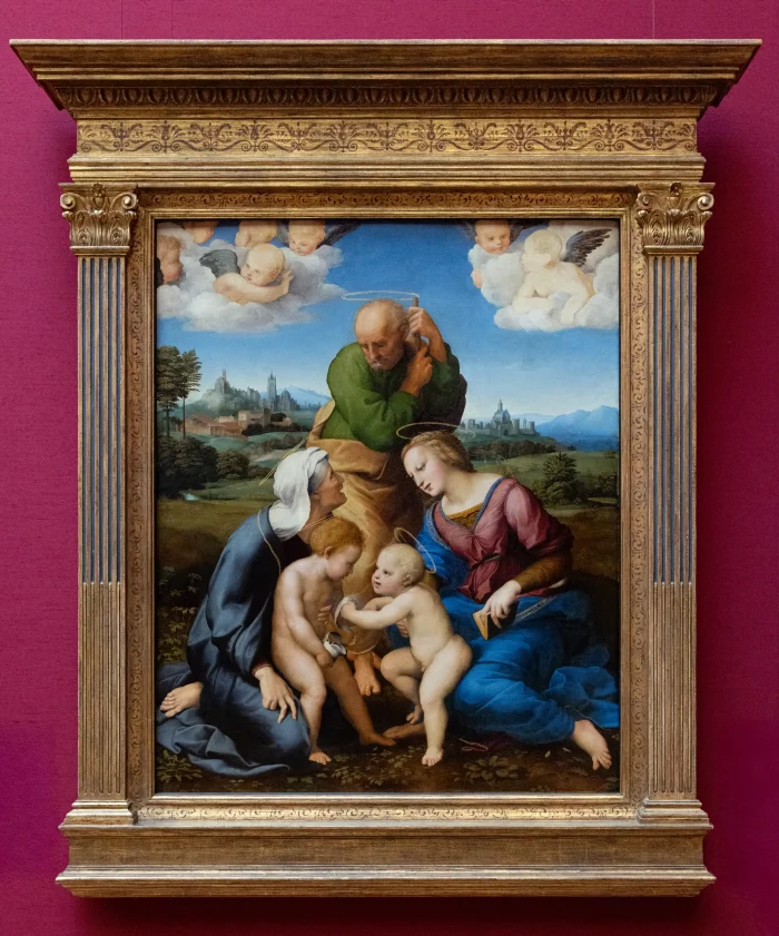 Gemälde mit mehreren Personen in historischer Kleidung, zwei nackte Kleinkinder, Landschaft mit Gebäuden und Bergen im Hintergrund, verziertes Holzrahmen.