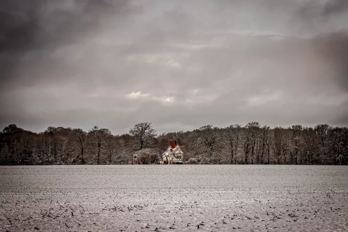 Verschneites Feld mit einem einzelnen Haus und kahlen Bäumen unter bewölktem Himmel