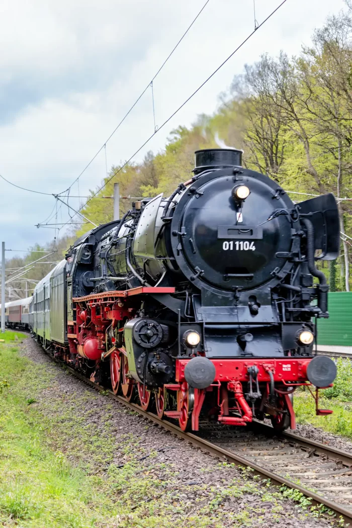 Schwarze Dampflok mit der Nummer 011104 zieht historische Waggons auf Gleisen durch eine grüne Landschaft mit Bäumen im Hintergrund