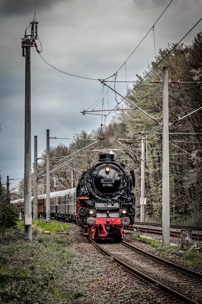 Historische Dampflok 011104 zieht einen Zug auf einer elektrifizierten Strecke mit Oberleitungen vor bewaldetem Hintergrund bei Lübberstedt