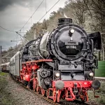 Schwarze Dampflok mit der Nummer 011104 zieht historische Waggons auf Gleisen durch eine grüne Landschaft mit Bäumen im Hintergrund