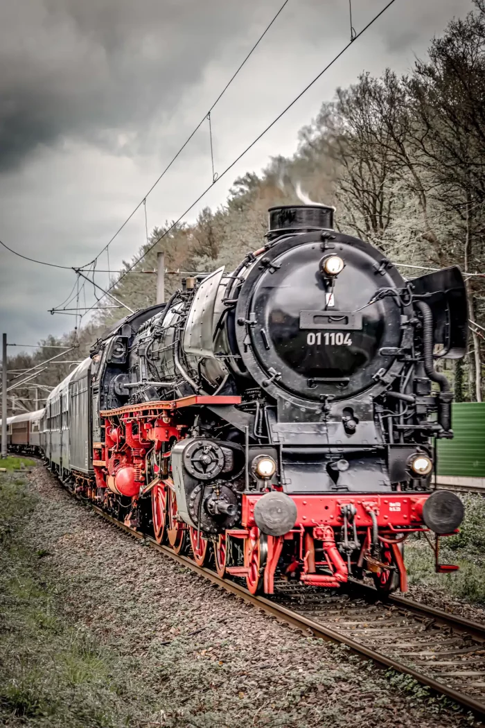 Schwarze Dampflok mit der Nummer 011104 zieht historische Waggons auf Gleisen durch eine grüne Landschaft mit Bäumen im Hintergrund