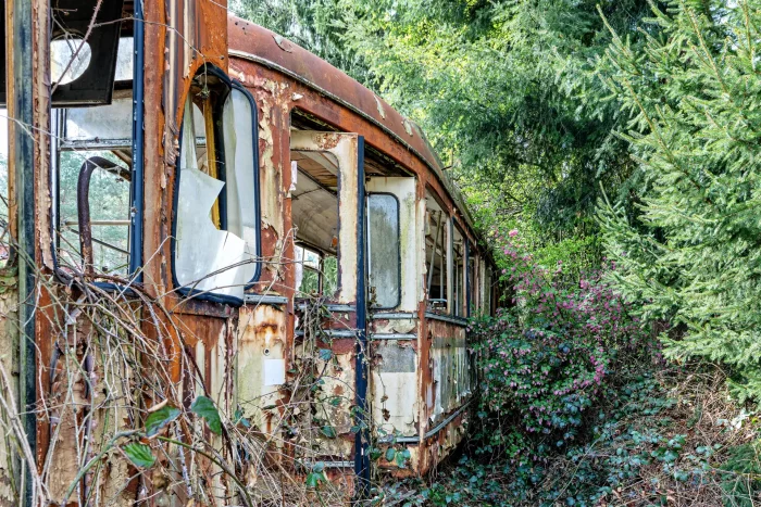 Verfallene Straßenbahn mit zerbrochenen Fenstern und Rost, überwuchert von Pflanzen in einem bewaldeten Gebiet