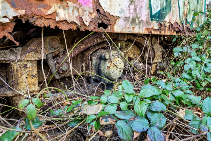 Nahaufnahme eines verrosteten Straßenbahnradantriebs mit überwuchernden Pflanzen an einer verfallenen Straßenbahn