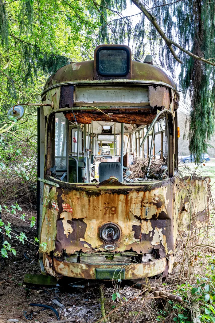 Verfallene Straßenbahn mit abblätterndem Lack und fehlenden Fenstern steht im Wald auf überwachsenem Gleisbett