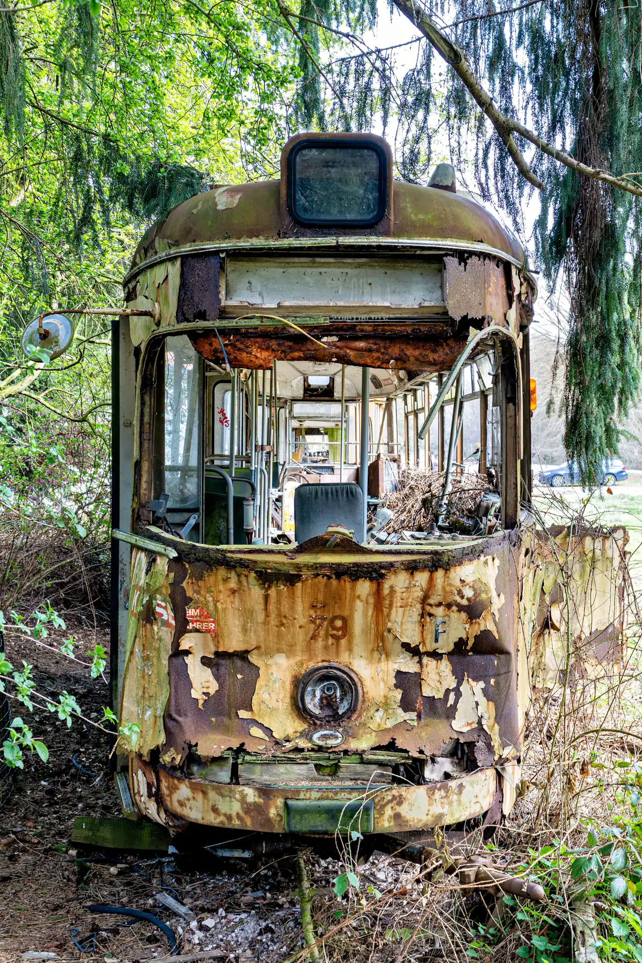 Verfallene Straßenbahn mit abblätterndem Lack und fehlenden Fenstern steht im Wald auf überwachsenem Gleisbett