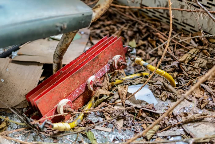 Nahaufnahme eines verrosteten roten elektrischen Bauteils mit Kabeln in einem verfallenen Straßenbahn-Lostplace, umgeben von trockenen Zweigen und Schutt