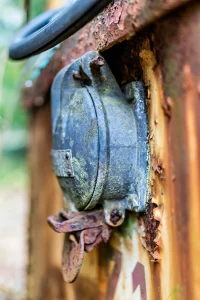 Nahaufnahme eines verrosteten Metallteils mit Hebel an einer verfallenen Straßenbahnwand