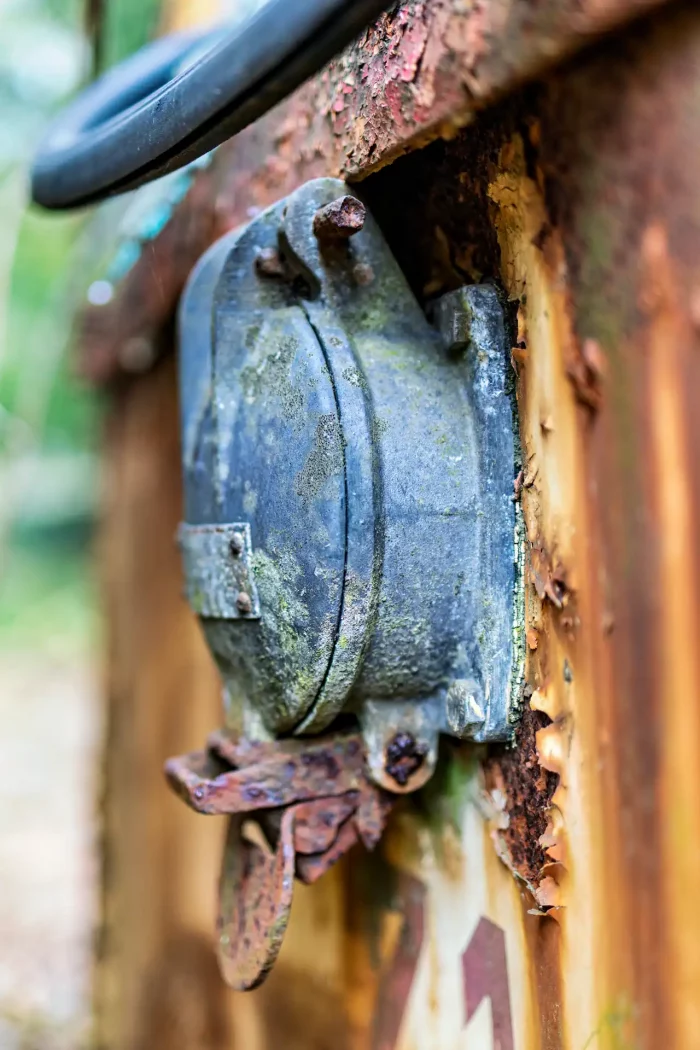 Nahaufnahme eines verrosteten Metallteils mit Hebel an einer verfallenen Straßenbahnwand