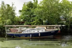 Segelboot mit dunkelblauem Rumpf und weißem Aufbau liegt an einem bewachsenen Ufer