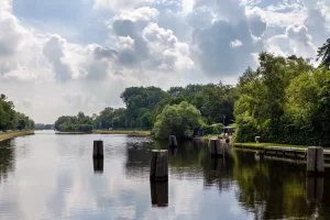 Fluss mit mehreren Holzpfählen im Wasser und bewaldetem Ufer unter bewölktem Himmel