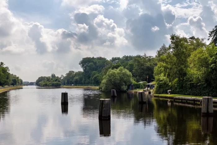 Fluss mit mehreren Holzpfählen im Wasser und bewaldetem Ufer unter bewölktem Himmel