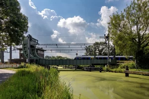 Zug fährt über grüne Eisenbahnbrücke über mit Algen bedeckten Fluss unter bewölktem Himmel