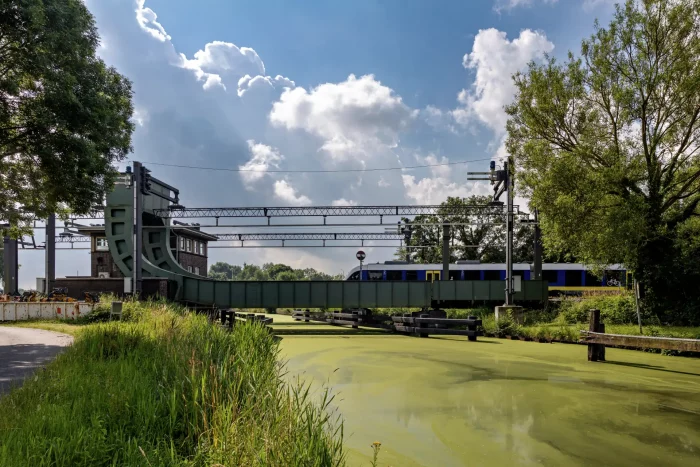 Zug fährt über grüne Eisenbahnbrücke über mit Algen bedeckten Fluss unter bewölktem Himmel